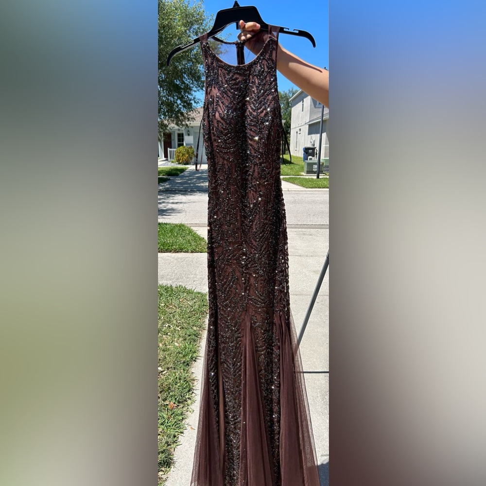Chocolate/ mocha brown heavy beaded sparkly sequence prom dress, size 2